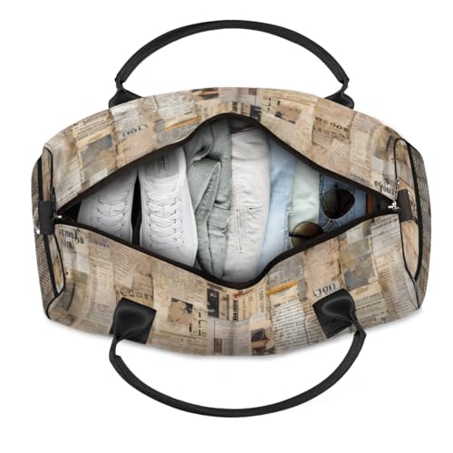 Personalized Abstract Geometric Travel Duffel Bag with Name, Custom Gym Sport Bag Newspaper Pattern Carry On Weekend Overnight Duffel Bag for Men Women4