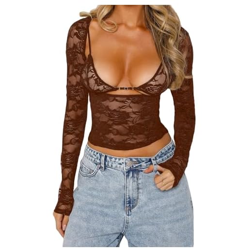 Y2K Haut en dentelle florale pour femme Dos nu Sexy Sheer See Through T-shirt Coupe ajustée, marron, XXL