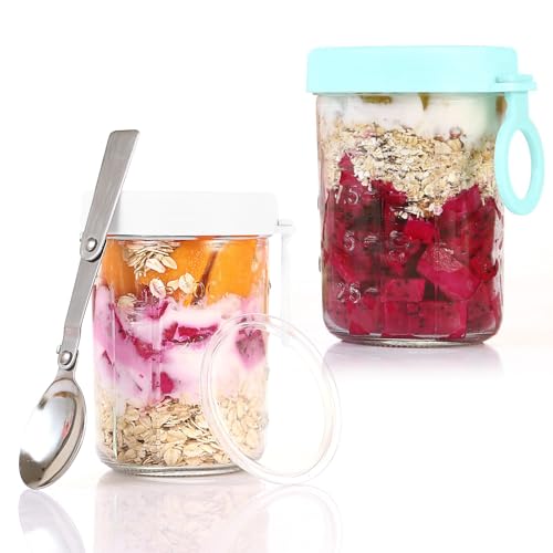 xiruiubao Overnight Oats Jar,2 Pcs 350ml Pot Overnight Oat Verre,Petit Pot en Verre avec Couvercle,Bocaux Overnight Oats avec Cuillère Pliable,Bocaux Petit Dejeuner pour Confiture,Yaourt,Salade