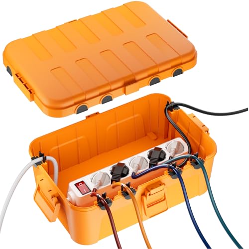 RESTMO Boîte Protection Étanche IP54 Extra Large (32x22x13cm) – Pour Multiprise Extérieure, Org. Câbles (6 Entrées/Sorties), Résistante UV/Pluie/Gel (Couleur:Orange)