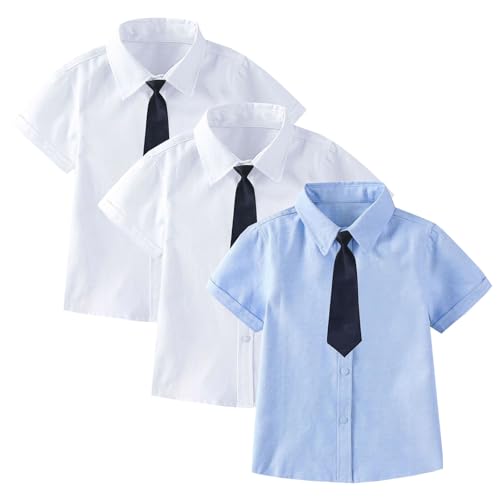 Boys Girls 3-Piece Dress Shirt Set Short Sleeve Turn-Down Collar Shirts with Bow Tie Summer Casual Student School Uniform Outfit Tops Size 2-15 Years