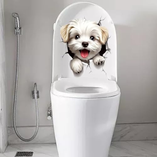 Animal 3D Toilet Sticker Funny Cat Dog Squirrel Toilet Seat Cover Decoration Waterproof WC Toilets Seat Lid Decal Bathroom Wall Sticker (White Dog)