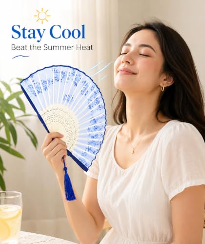 Image of 2 Pcs Hand Fan Manual, Japanese Fan, Chinese Fan for Hand Paper Fans for Decoration for Dancing Cosplay Wedding Party Props Decoration, White and Blue, 10 cm
