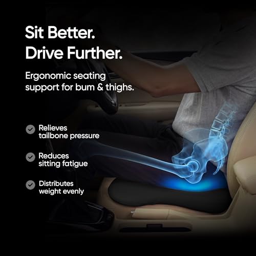 Image of Frido Premium Car Wedge Seat Cushion with Memory Foam Support and Coccyx Cutout, Luxe Leatherette Finish, Tailbone and Hip Pain Relief, Comfortable Support for Long Drives Travel and Daily Use | Black