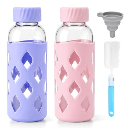 Image of Zukro 16 oz Glass Water Bottles with lid & Silicone Sleeve, 2 Pack | Reusable Clear Juice Bottles, Stainless Steel Airtight Lid, 100% Leak Proof, For Smoothie & Juicing, BPA Free