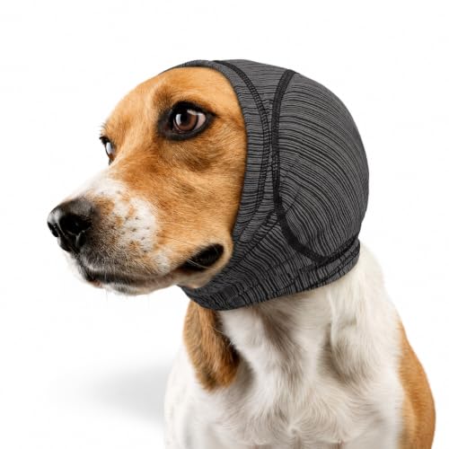 Image of Dog Calming Hood Ear Cover for Anxiety Relief, Grey, L | Soft Stretch Head Wrap with Padded Ear Muffs, No Hook-Loop Noise Reducing Snood for Grooming, Bathing,Travel & Vet Visit