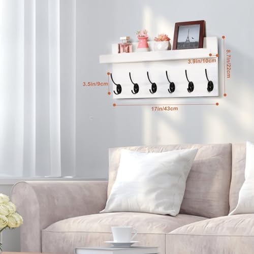 HRONRAD Shelf with Hooks, Coat Rack Wall Mount with 6 Double Metal Hooks, 17 Inch Farmhouse Wall Hooks with Shelf, for Entryway, Bathroom, Kitchen, White by HRONRAD - Image 6
