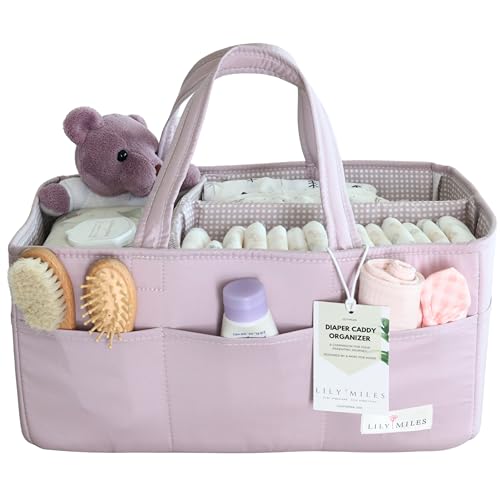 Image of Lily Miles Baby Diaper Caddy Organizer, Wipeable Diaper Organizer Basket with 8 Pockets for Newborn Essentials, Baby Shower Gifts, Nursery Tote Bag for Changing Table or Car (Rosy Lilac, Large)