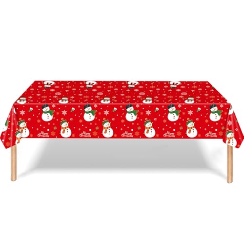 POPOYU Christmas Table Cloth Party Disposable Tablecloths,Red and Snowman Table Covers,137x274cm Rectangle Large Plastic Tablecloth Party for Picnic,Baby Shower,Xmas Party,Christmas Table Decorations
