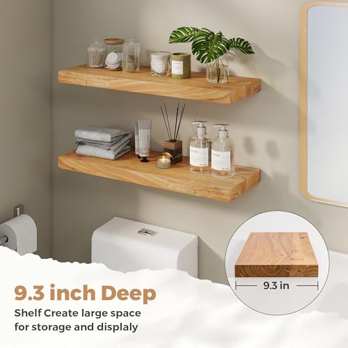 Image of RICHFOCUS Elm Floating Shelves for Wall - 30 inch W x 9.3 inch D Rustic Solid Wood Shelves with Invisible Bracket, Wall-Mounted for Living Room, Bedroom, Kitchen Storage & Display, Set of 2, Natural