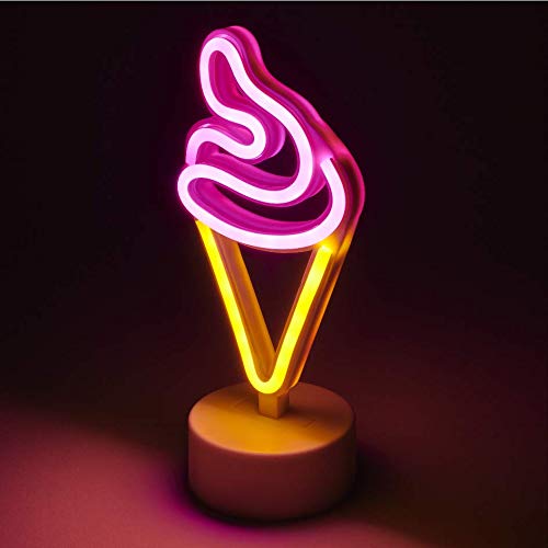 Amped & Co Ice Cream Desk Light, Mini LED Neon Collection, Night Lite Novelty Room Decor, Battery Powered, 8 inches, Neon Signs Pink and Yellow ice Cream
