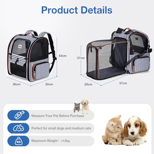 Lekespring Katzen Rucksack Hunderucksack für Große Katzen Hunde bis 12kg, Erweiterbar Faltbare Haustier Rucksack mit Innerer Sicherheitsleine und Haustiermatte, Schlieren -XL