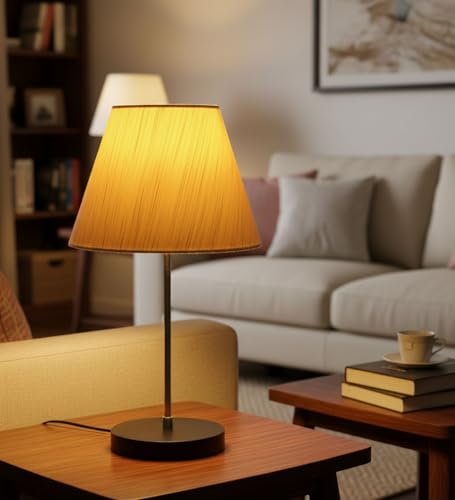 Image of Silver Table Lamp with Handmade Cotton Fabric Conical Cream Texture Shade, Table /Restaurant /Bedroom, On /Off Switch Long Wire