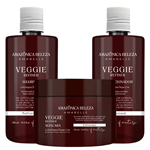 AMAZONICA BELEZA Vegan Veggie Refiner Shampoo, Conditioner and Mask (300ml / 10.1 Oz) | Sulfate, Parabens and Cruelty Free| with Natural Ingredients | Kit Vegano libre de Sal y Parabenos