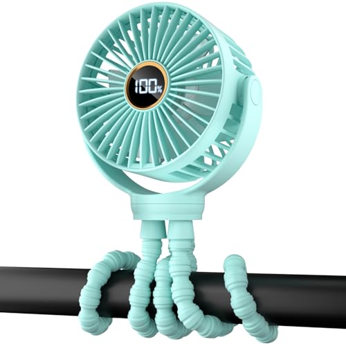 Image of Portable Stroller Mini Fan, Small Rechargeable Personal Fan, Travel Essentials for Baby, Wagon, Car Seat, Treadmill, Battery Powered Biking Gear Accessories, 360° Rotation, 3-Speed, Display, Aqua