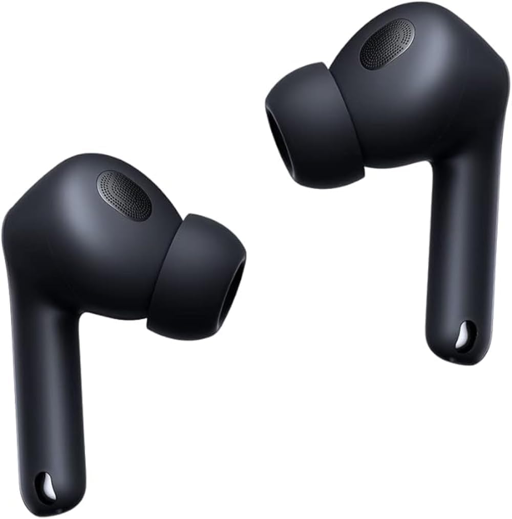 Two black Xiaomi Buds 3T Pro earbuds, one for the left ear and one for the right, shown outside their charging case.
