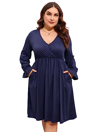 Image of ShopWonder Plus Size Dress Women's V Neck A-Line Knee Length Wrap Swing Dresses Plus Size A Line Party Mini Dress