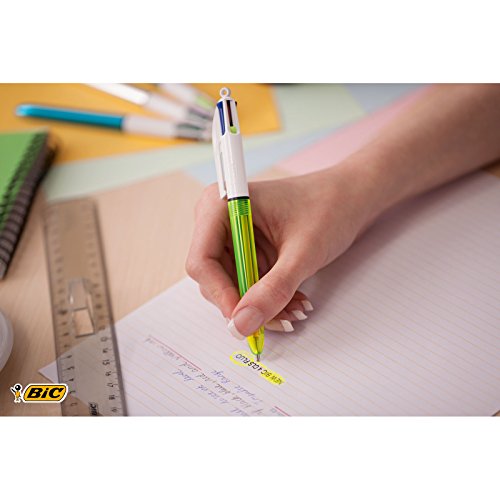 Bic 4 Colours Fluo Ballpoint Pen Black, Blue, Red And Fluorescent Yellow Ink Colours 1 Pack #TOP5