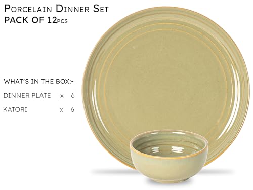 Image of Bodhi House Handcrafted Chip Resistant Porcelain Dinner Set, 12 Pieces Dish Set Serving for 6, Microwave and Dishwasher Safe, Bone-ash Free, Crockery Set for Dining and Gifting, Olive Green