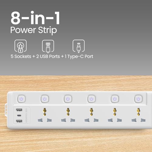 Image of 7-in-1 Power Strip with High Electrical Conductivity | 4 AC Extension Sockets, 2 USB Ports, Type-C Port | Extension Cord with UK Plug Spike Guard Protector for Home, Office, Kitchen, PC