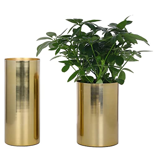 Mygift Tall Modern Metallic Brass Tone Metal Vase, Cylindrical Wedding Centerpiece Flower Vase, 2 Piece Set - Handmade In India #TOP19