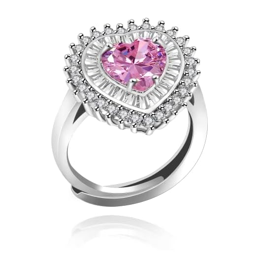 Uloveido Anel de noivado feminino de cristal em forma de coração de amor tamanho ajustável solitário zircônia cúbica banhado a platina, Cristal, Zircônia cúbica