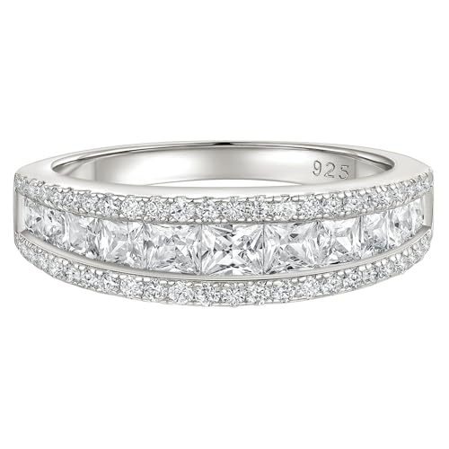 Wuziwen Princess Cut Half Eternity Band Rings for Women 925 Sterling Silver CZ Wedding Stackable Ring for Her
