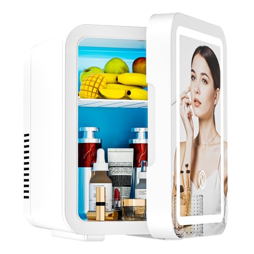 Image of JrostKault Mini Skincare Fridge with LED Light Mirror, 4 Liter/6 Can Compact Makeup Refrigerator for Bedroom - Portable Mini Fridge for Makeup, Skincare & Food, AC/DC Power for Home & Car
