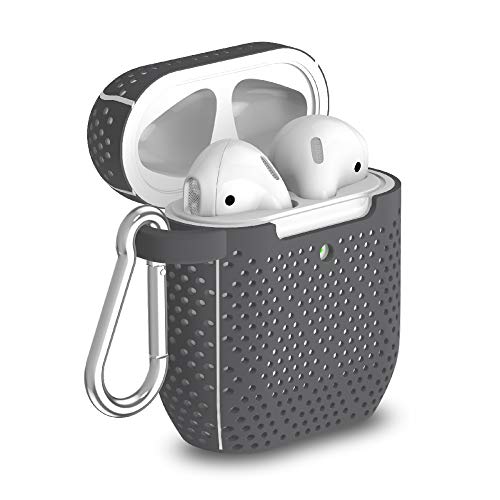 TALK WORKS Capa para AirPods com chaveiro – Capa protetora rígida de silicone para AirPods – Capa de chaveiro com clipe mosquetão, carregamento sem fio, compatível com Apple Air Pod – Cinza