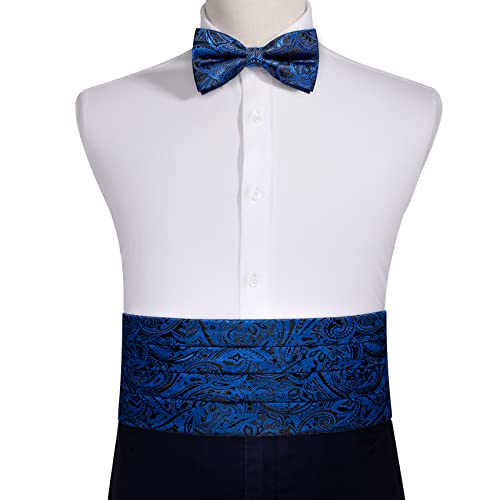 Image of Barry.Wang Men Silk Paisley Cummerbund and Pre-tied Bowtie Handkerchief Cufflink Set for Tuxedo