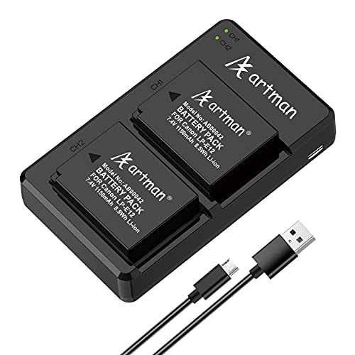 Artman LP-E12 Battery and Dual Micro USB Charger Kit for Canon EOS M50, EOS M50 Mark II, EOS M, EOS M2, M II, EOS M10, EOS M100, EOS M200, SX70 HS, Rebel SL1 Digital Cameras (2-Pack 1150mAh)