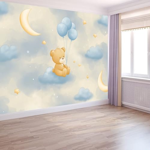 Genérico Crema Papel Pintado Pared Panorámico 250 x 175 cm Dibujos Animados Osito Peluche Cielo Estrellado, decoración de pared Póster Gigante de Pared Personalizado 3D Para Salón Dormitorio