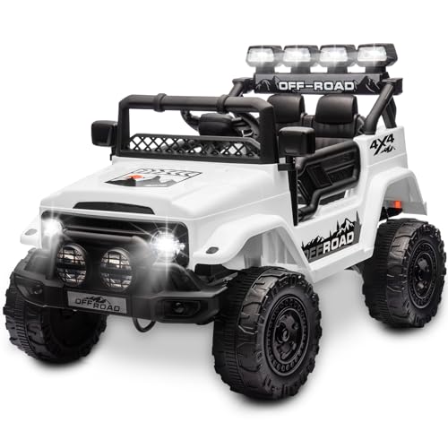 HAUSPROFI Kinder Elektroauto 12V, Elektroauto für Kinder mit 2,4G Fernbedienung, LED, Bluetooth, Musik, 3-5 km/h, Kinderauto Elektrisch, Elektro Kinderauto für ab 3 Jahren, Weiß