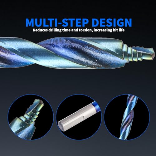 Kobalt-Bohrer-Set, Stufenbohrer, M35, HSS-Spiralbohrer, Länge für gehärtetes Metall, Edelstahl, Gusseisen und Holz, Kunststoff, Metall-Indexierte Aufbewahrungsbox, 19-teilig
