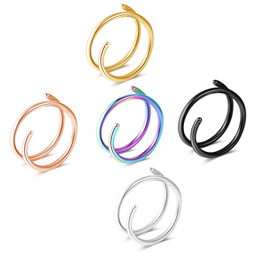 Fzroezz Double Hoop Nose Ring for Single Piercing Nose Piercing Jewelry Nostril Earrings Twist Spiral Nose Ring Loop Real Nose Rings Hoops for Women Men Surgical Steel 22 Gauge Cute Hypoallergenic Pack Left Right Side Easy Bendable 5PCS Gold Black Silver Rainbow Rose Gold 8mm 22G