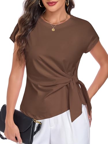 Image of HOTIAN Womens Cap Sleeve T Shirts 2026 Tie Waist Wrap Tops Crew Neck Blouses Casual Loose Work Business Dressy