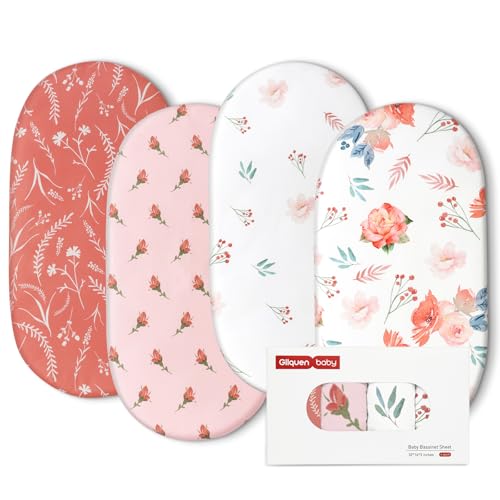 Image of Gllquen Baby Bassinet Sheets 4 Pack, Breathable Cozy Fitted Mattress Sheet, Elastic Travel Crib Fashionable Floral Pattern, Standard Cradle Safe Sheets for Baby Boys Girls 32"x16" (Flower)