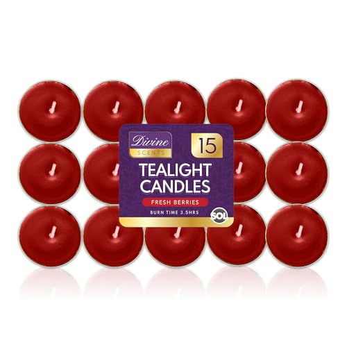 SOL 15pk Fresh Berries Scented Tea Light Candles Long Burning 3.5 Hour Burn Time Ideal for Home Relaxation Spa Massage Romantic Dinners Weddings & Anniversaries Festive Decor & Cosy Evenings