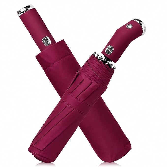 Automatic Open & Close Folding Umbrella with LED Flashlight Handle, Windproof Compact Travel Umbrella, Waterproof UV Protection Umbrella for Men & Women (Maroon)-picture-15