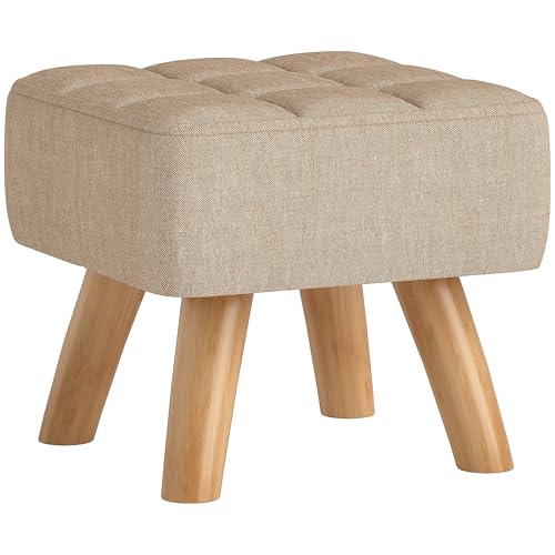 HOMCOM Repose Pied Salon, Ottoman, siège rembourré en Tissu, avec Pieds en Bois, Pouf Salon, pour Chambre à Coucher, entrée, 27 x 27 x 26 cm, Marron Clair