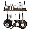 SODUKU Pot Pan Rack with Solid Wood Shelf, Wall Mounted Multifunctional Kitchen Hanging Organizer with 8 Hooks for Pots Pans Lids Utensils Cookware Brown