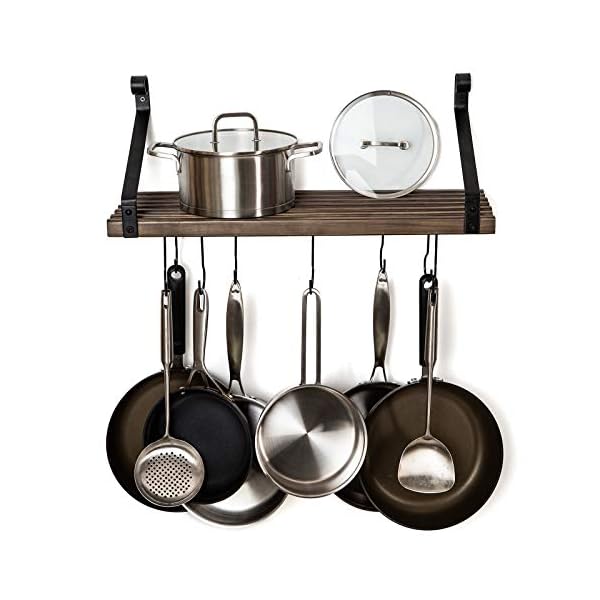 SODUKU Pot Pan Rack with Solid Wood Shelf, Wall Mounted Multifunctional Kitchen Hanging Organizer with 8 Hooks for Pots Pans Lids Utensils Cookware Brown