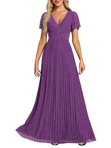 Image of Ever-Pretty Women's V-Neck Glitter Formal Dresses Pleated Short Sleeves Floor Length A-Line Mother of Bride Dress 11961