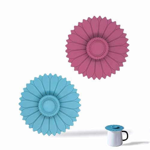 Yayaboqu Sunflower Silicone Cup Lids 4.1 Inch Reusable Drink Covers with Dust Resistance Food Grade Flexible Seal Lids for Coffee and Tea Blue and Purple 2 Pack