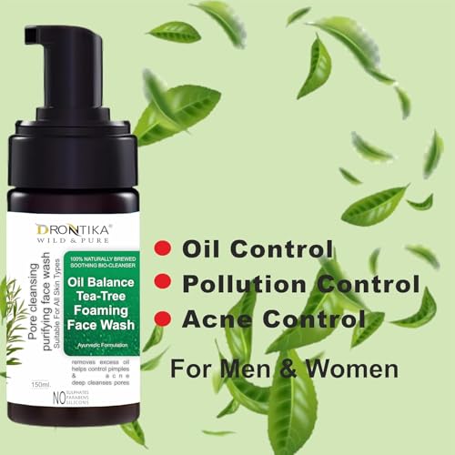 Image of Drontika Wild & Pure Tea Tree Foaming Face Wash with Tea Tree and Ayurvedic Ingredinets for Acne and Pimples - 150ml Gently Cleanses |Removes Excess Oil |Antibacterial(Tea Tree (Oil Balance))
