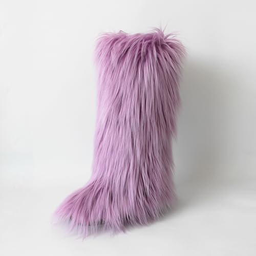 QMFUR Women's Furry Knee High Snow Boots Faux Fur Mid-Calf Boot Fluffy Flat boot Winter Warm Fashion Boots4