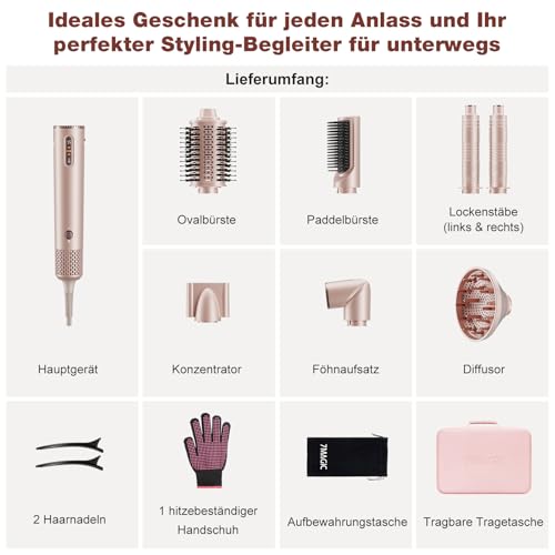 7MAGIC 7 in 1 Airstyler, Professioneller Hairstyler Set, 110000 U/Min, 1400W, Rundbürstenföhn, Lockenstab Auto-Wrap, Glätteisen, Ionen Föhn, Zum Styling, Volumisieren, Locken und Glätten, mit Reisebox