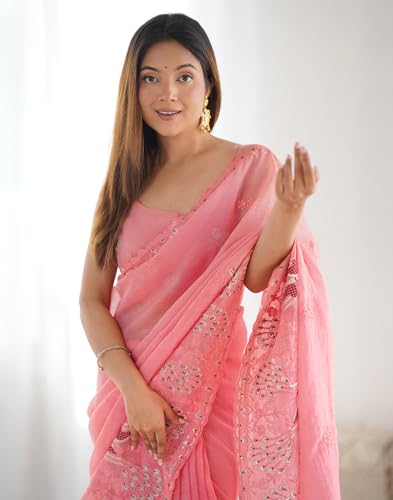Image of SIRIL Women's Silk Blend Sequence Embroidery Saree With Unstitched Blouse Piece for Wedding and Parties
