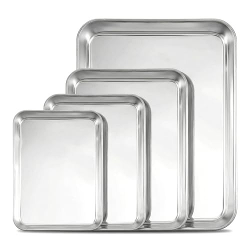 4 Pack Stainless Steel Baking Trays, Non-Stick Oven Baking Sheets with Rim, Healthy Non-Toxic Essential Bakeware Set