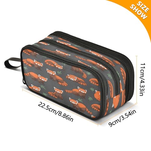 Image of Cute Red Panda Animal Pattern on Black Pencil Case 3 Compartment Pen Bag Pouch Holder Box School Portable Stationery Storage Bag for Girls Boys